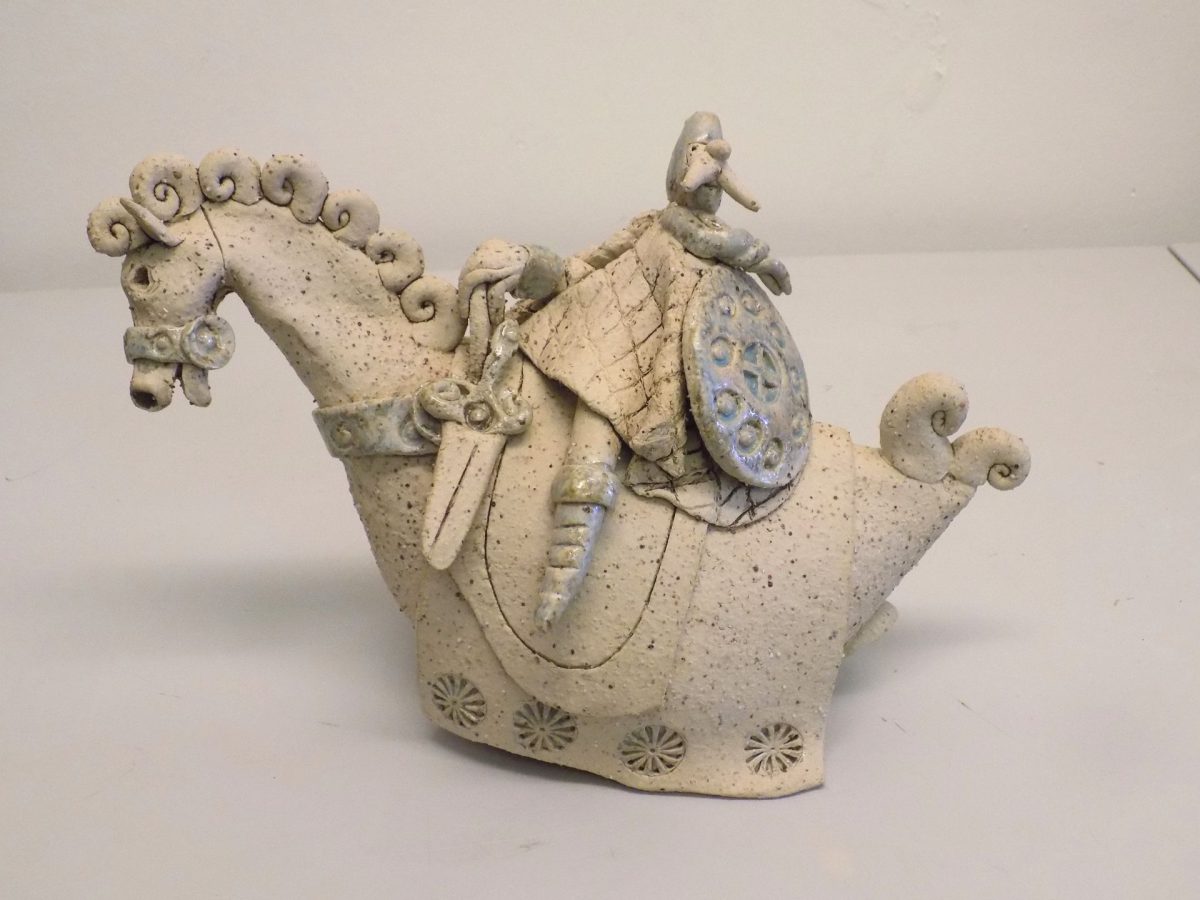 Original stoneware sculpture of knight on horseback by renowned artist Stewart Taylor
