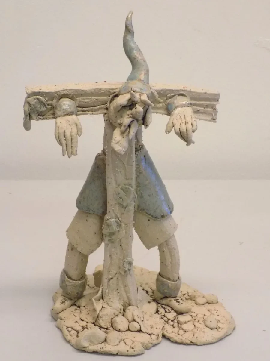 Original Stoneware sculpture of medieval man in stocks by renowned artist Stewart Taylor