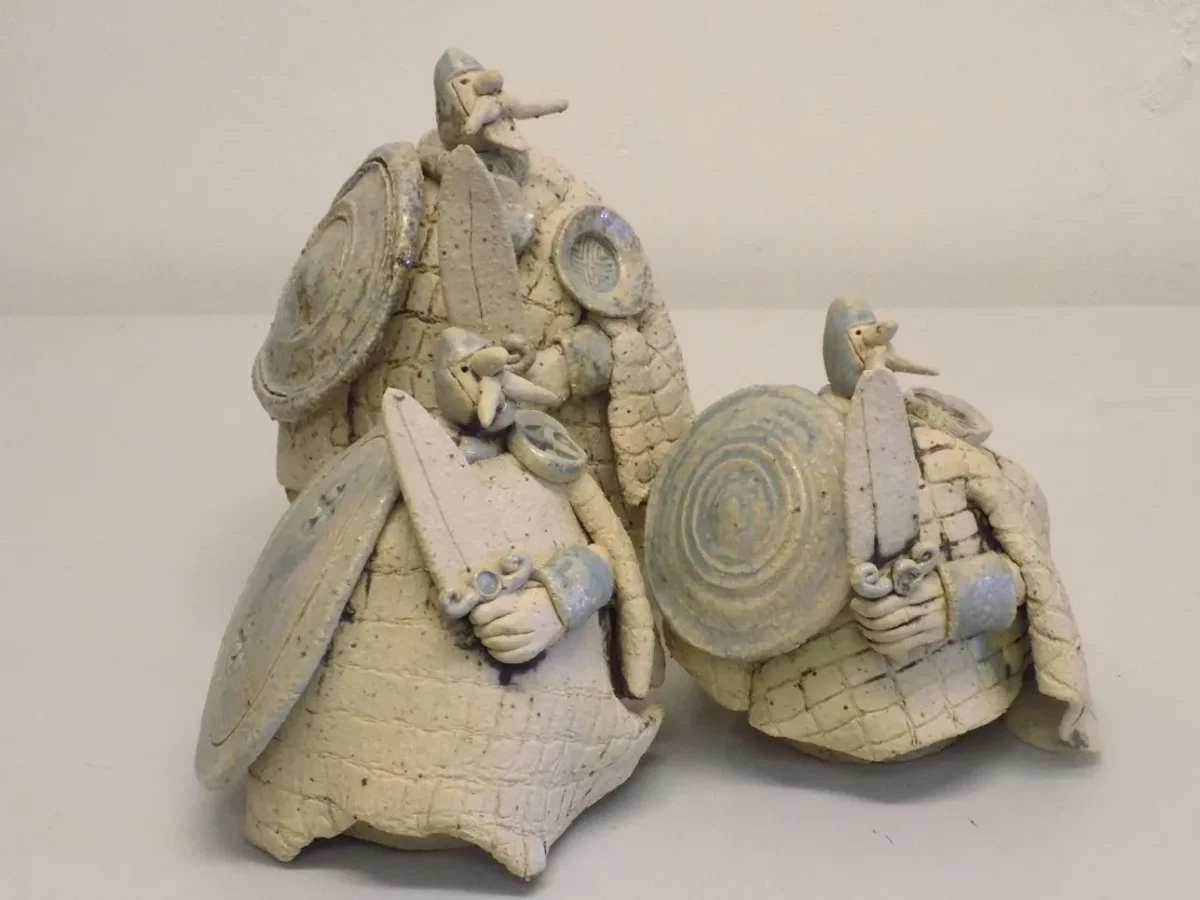 Original Stoneware sculpture of three Norman men-at-arms by renowned artist Stewart Taylor