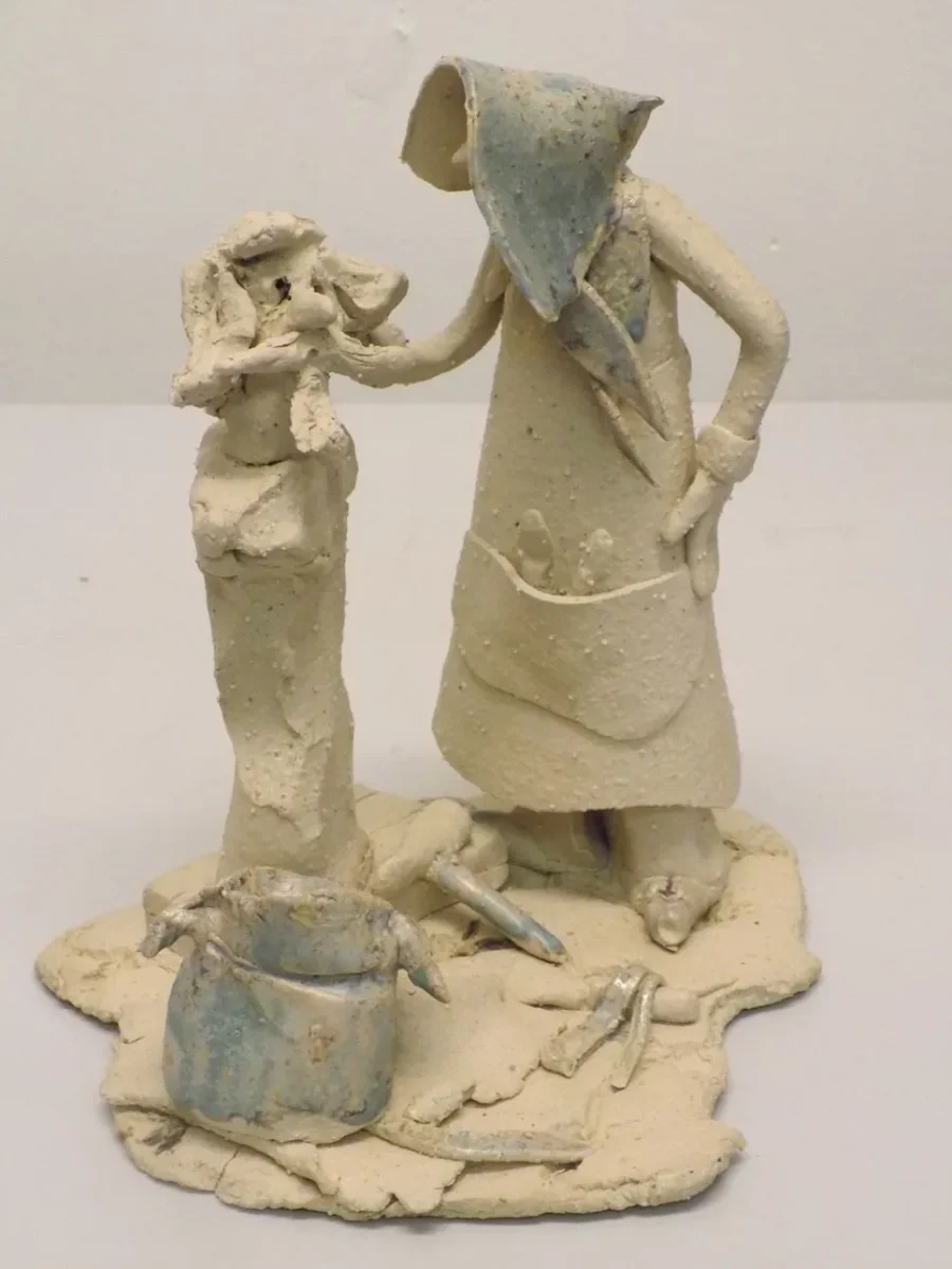 Original Stoneware sculpture of a medieval stonemason at work by renowned artist Stewart Taylor