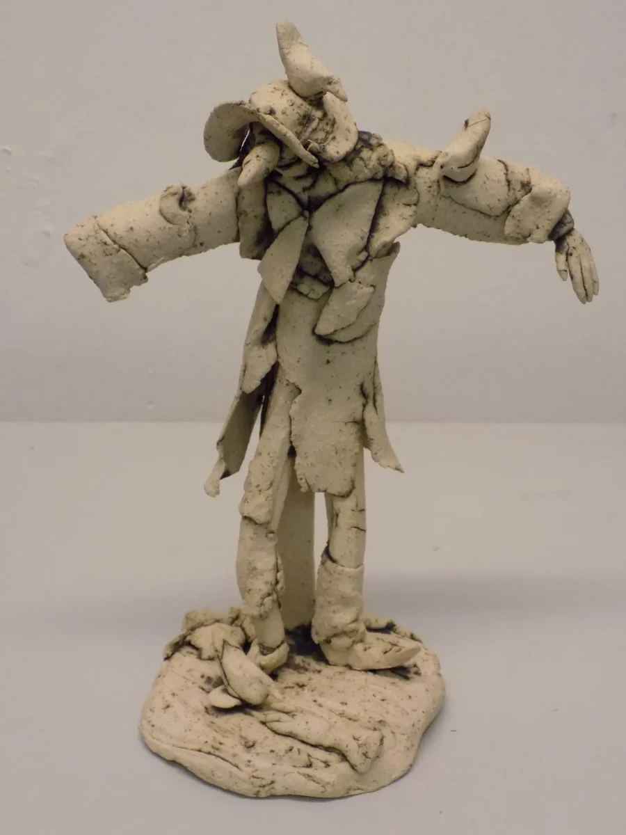Original Stoneware sculpture of a scarecrow character by renowned artist Stewart Taylor