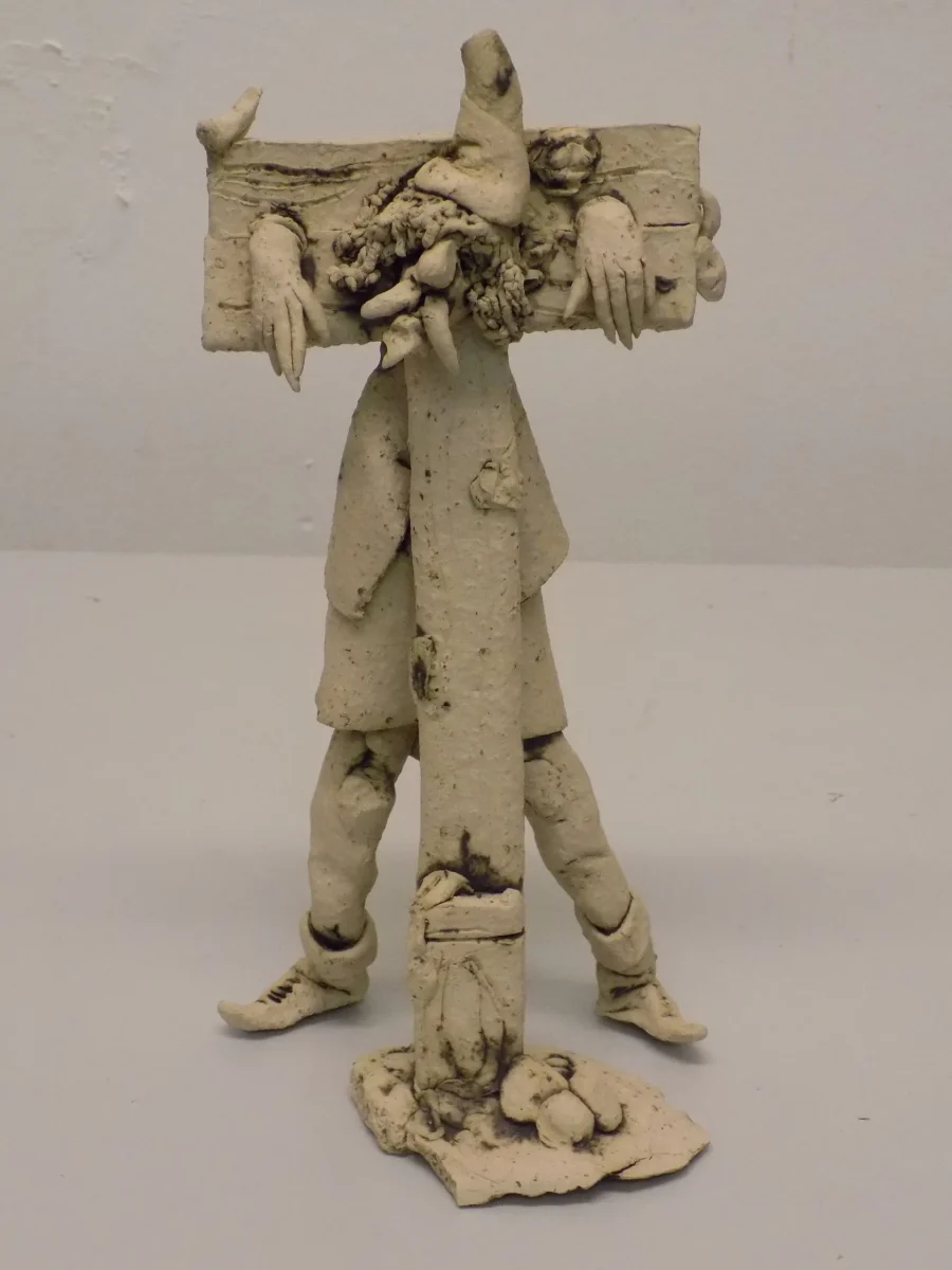 Original Stoneware sculpture of man in stocks by renowned artist Stewart Taylor