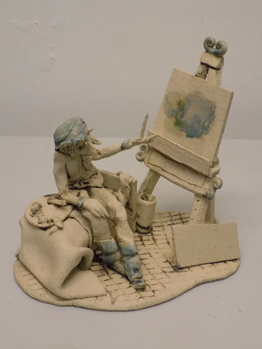 Original Stoneware sculpture of artist painting at his easel by renowned artist Stewart Taylor