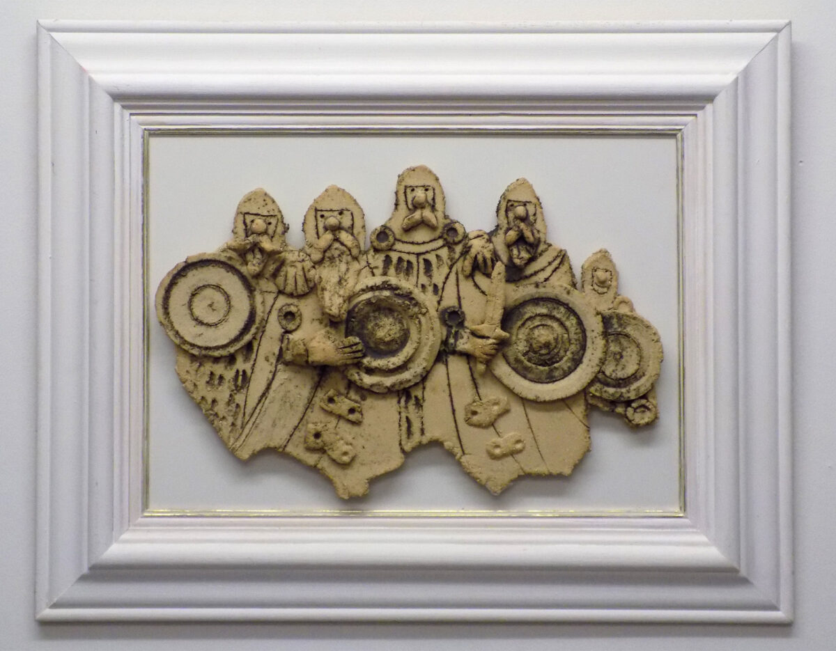 Original Stoneware framed sculpture of men-at-arms characters by renowned artist Stewart Taylor