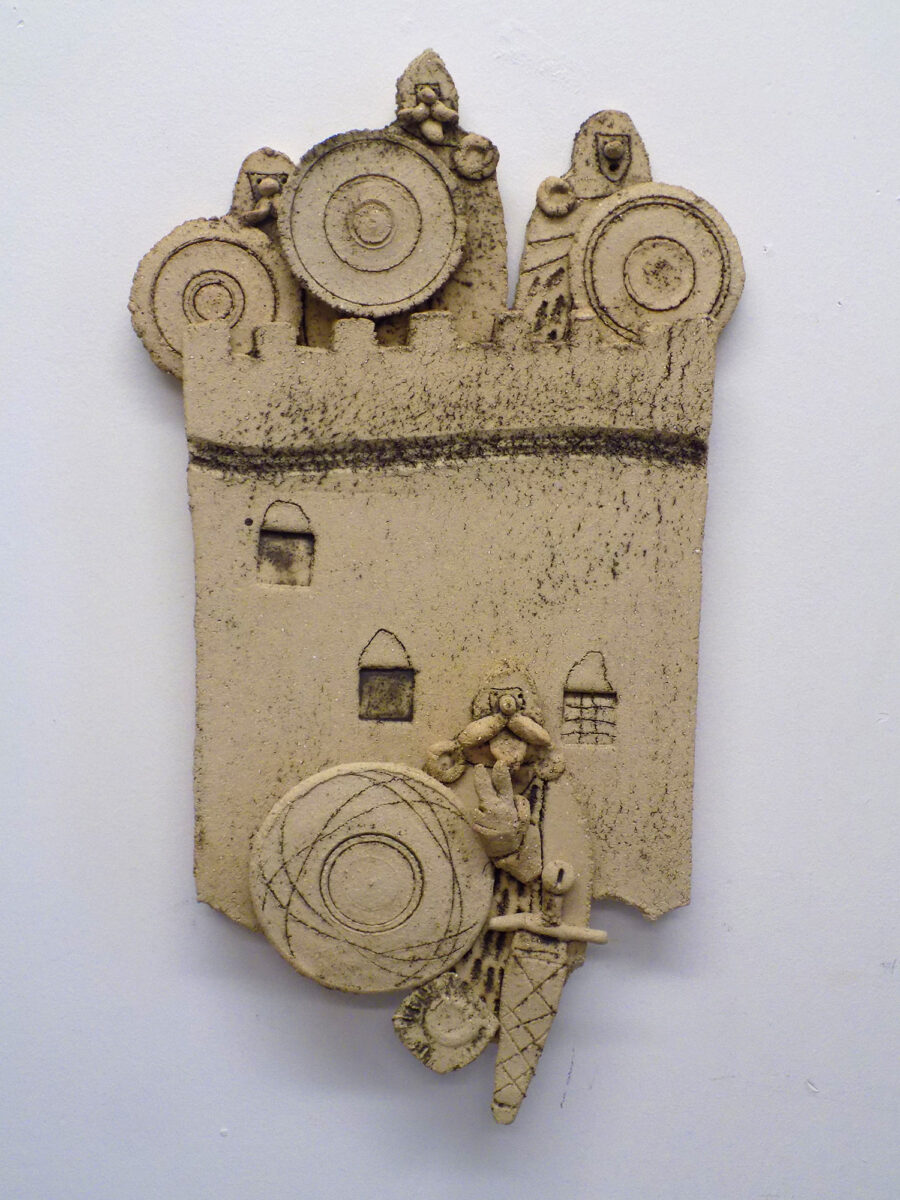 Original Stoneware wall-hanging sculpture of Norman castle with guardian characters by renowned artist Stewart Taylor